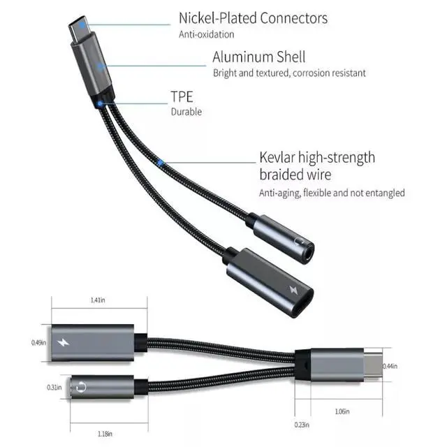 Alt view image 7 of 7 - 2-in-1 USB C to 3.5mm Audio Jack Adapter and Charging Dongle Cable, Compatible with Samsung Note 20 Note 10 S22 S20 FE S21 Google Pixel 5 iPad Mini 2021 Pro and More (Gray)