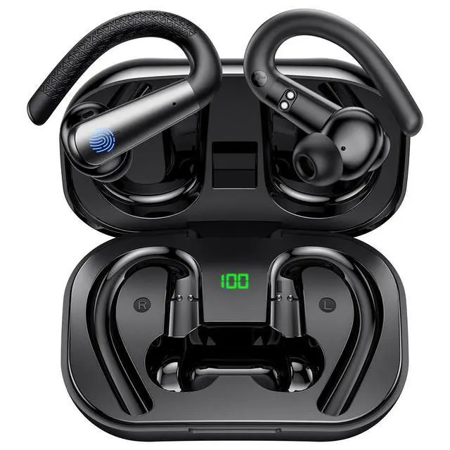 Alt view image 2 of 6 - Earbuds for iPhone 15 Pro - Bluetooth Headphones with Earhooks Waterproof IPX6 Sports Workout Earbuds with LED Display for Gym Running Exercise Fitness with Mic - Black