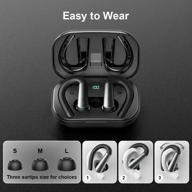 Alt view image 3 of 6 - Earbuds for iPhone 15 Pro - Bluetooth Headphones with Earhooks Waterproof IPX6 Sports Workout Earbuds with LED Display for Gym Running Exercise Fitness with Mic - Black