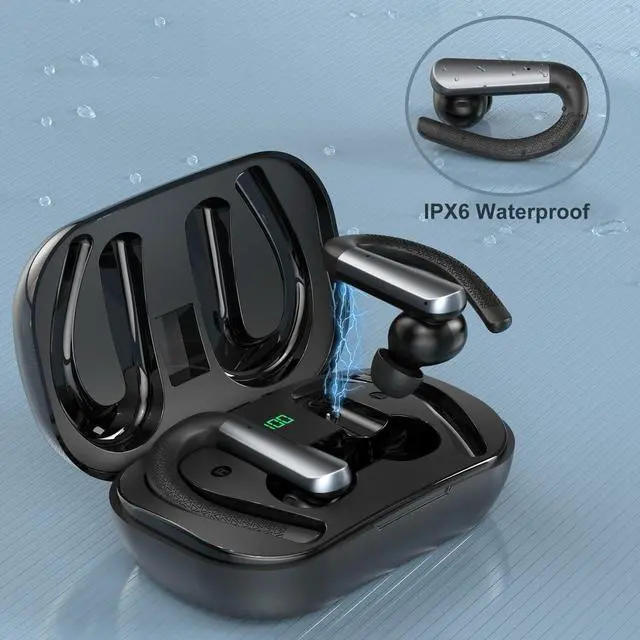 Alt view image 5 of 6 - Earbuds for iPhone 15 Pro - Bluetooth Headphones with Earhooks Waterproof IPX6 Sports Workout Earbuds with LED Display for Gym Running Exercise Fitness with Mic - Black