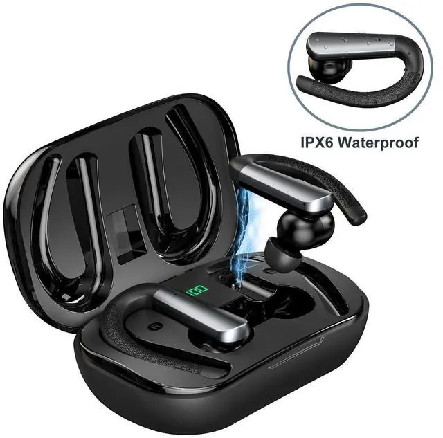 Alt view image 6 of 6 - Earbuds for iPhone 15 Pro - Bluetooth Headphones with Earhooks Waterproof IPX6 Sports Workout Earbuds with LED Display for Gym Running Exercise Fitness with Mic - Black