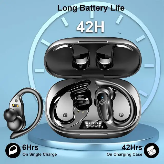 Alt view image 3 of 7 - for iPhone 14 Pro Max Bluetooth 5.1 Headphones with Dual LED Digital Display 42Hrs Playtime, IP7 Waterproof Running Headphones with Earhooks & Mic