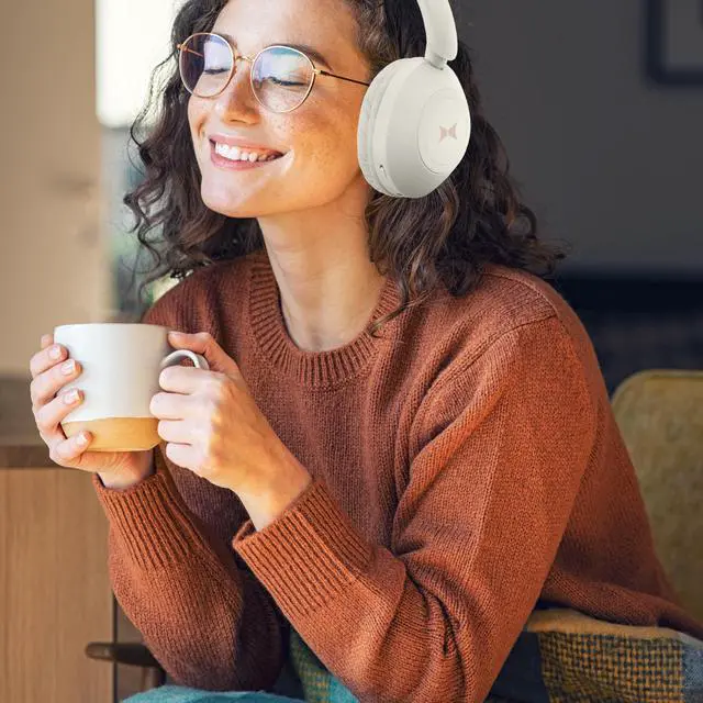Alt view image 5 of 7 - Wireless Bluetooth Headphones with Microphone, Over The Ear Headphones, Aux Line, ON/Off, Phone Call, Volume Control, & Pause Buttons, 33 Foot Bluetooth Range (Cream)