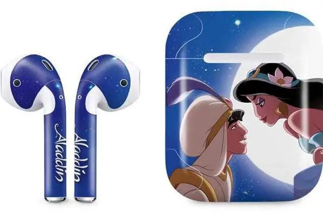 Main image of Decal Audio Skin Compatible with Apple AirPods - Officially Licensed Disney Aladdin and Princess Jasmine Kiss Design