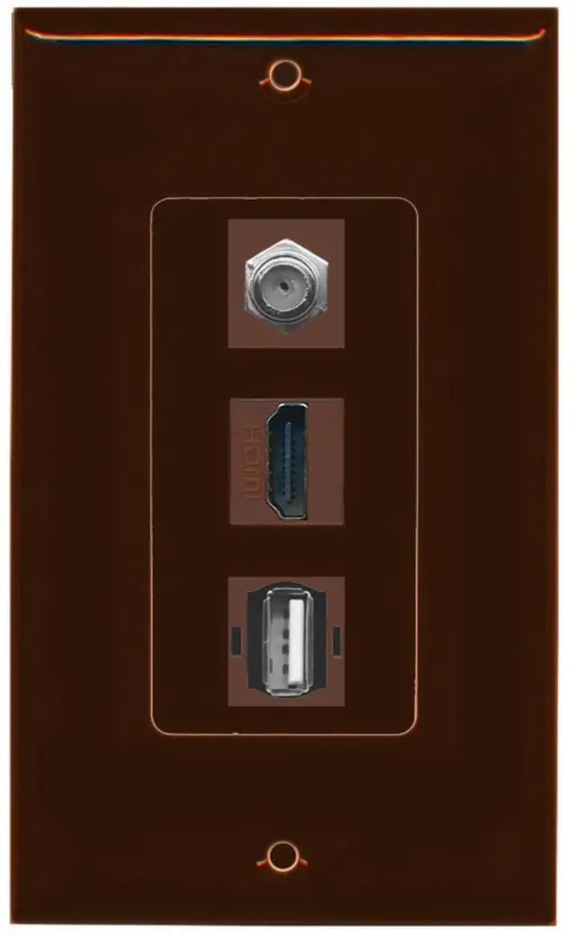 Main image of 1 Port HDMI and 1 Port Coax Cable TV- F-Type and 1 Port USB A-A Decorative Wall Plate - Brown