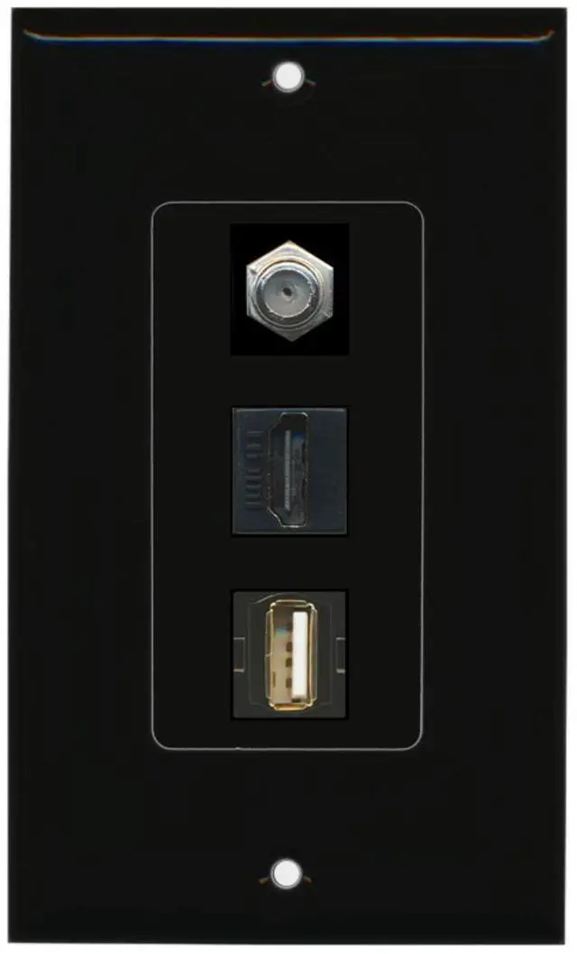 Main image of 1 Port HDMI and 1 Port Coax Cable TV- F-Type and 1 Port USB A-A Decorative Wall Plate - Black