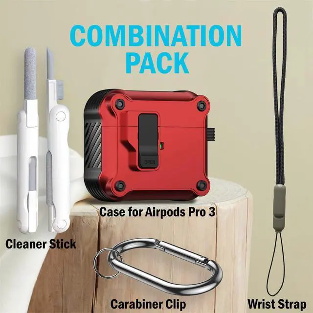 Alt view image 2 of 7 - Secure-Click Bundle for Apple Airpods Pro 3 Case - Bold Red | Compatible with MagSafe, Magnetic Flip, Secure Latch, Lanyard Strap, Carabiner Clip, Cleaning Tool, For A3063, A3064, A3065