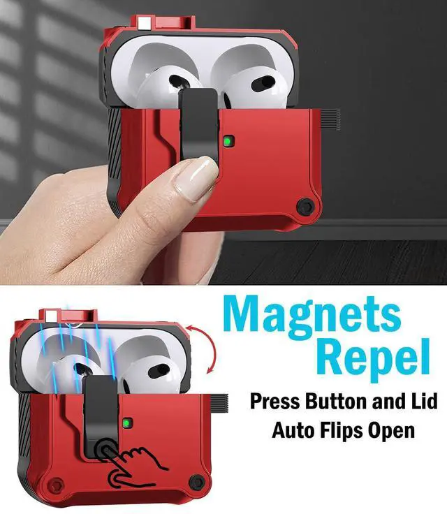 Alt view image 3 of 7 - Secure-Click Bundle for Apple Airpods Pro 3 Case - Bold Red | Compatible with MagSafe, Magnetic Flip, Secure Latch, Lanyard Strap, Carabiner Clip, Cleaning Tool, For A3063, A3064, A3065