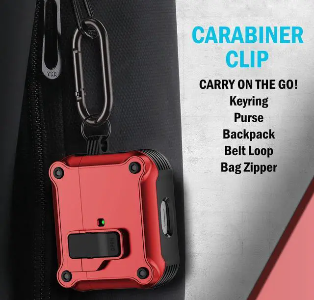 Alt view image 5 of 7 - Secure-Click Bundle for Apple Airpods Pro 3 Case - Bold Red | Compatible with MagSafe, Magnetic Flip, Secure Latch, Lanyard Strap, Carabiner Clip, Cleaning Tool, For A3063, A3064, A3065