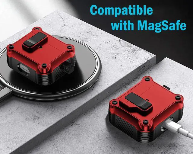Alt view image 6 of 7 - Secure-Click Bundle for Apple Airpods Pro 3 Case - Bold Red | Compatible with MagSafe, Magnetic Flip, Secure Latch, Lanyard Strap, Carabiner Clip, Cleaning Tool, For A3063, A3064, A3065