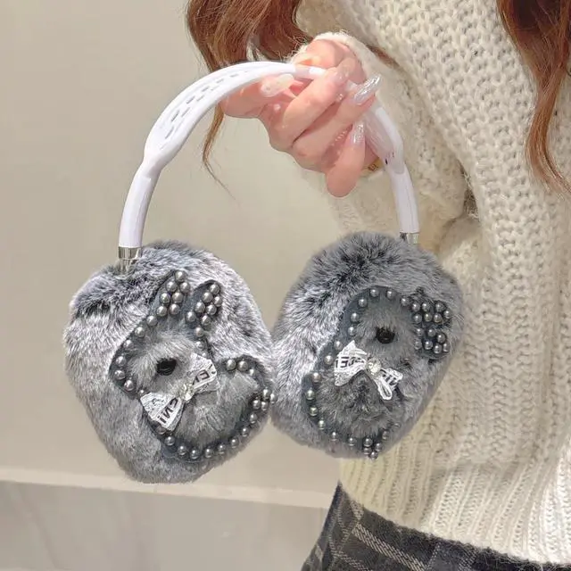 Alt view image 3 of 6 - 3D Pearl Bunny Design Covers for AirPods Max,Ctue Plush Fuzzy Protective Cover with Bow Detail,Premium Cushioned Accessory for Travel & Commuting (Grey,for Airpods Max)