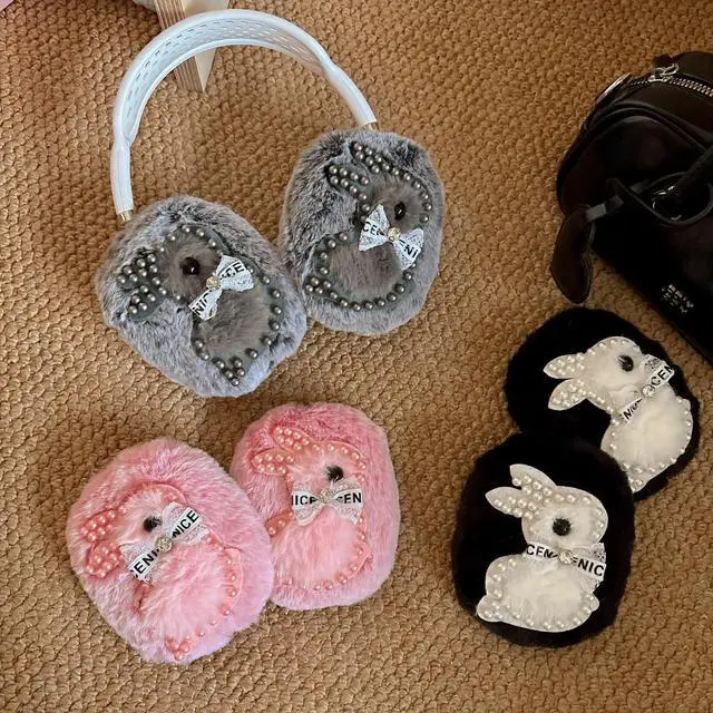 Alt view image 2 of 6 - 3D Pearl Bunny Design Covers for AirPods Max,Ctue Plush Fuzzy Protective Cover with Bow Detail,Premium Cushioned Accessory for Travel & Commuting (Grey,for Airpods Max)