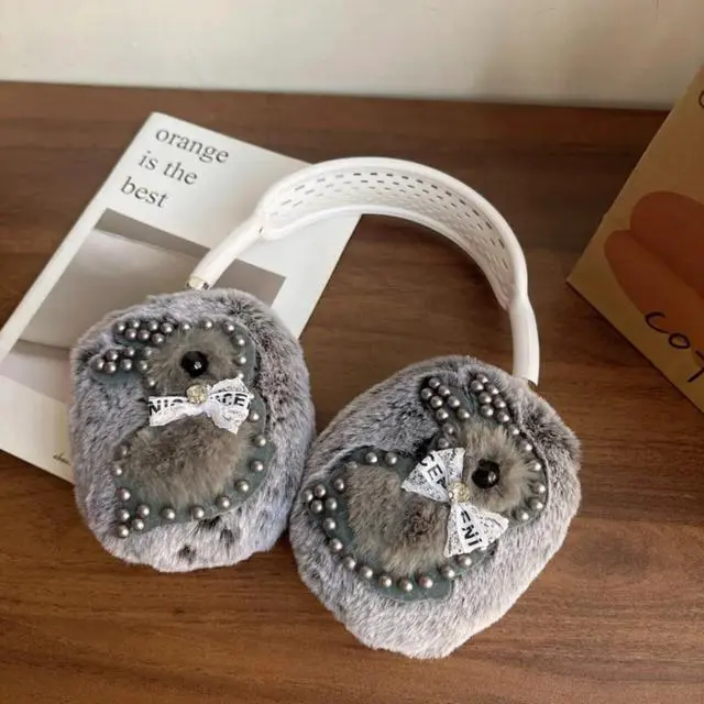 Alt view image 5 of 6 - 3D Pearl Bunny Design Covers for AirPods Max,Ctue Plush Fuzzy Protective Cover with Bow Detail,Premium Cushioned Accessory for Travel & Commuting (Grey,for Airpods Max)