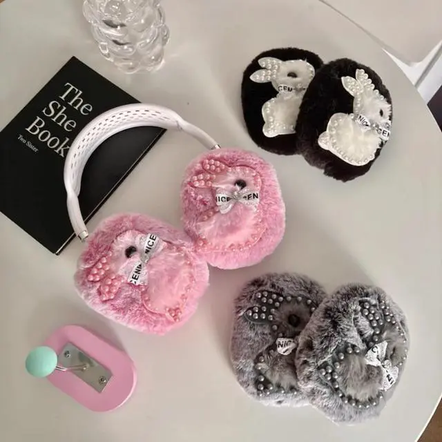 Alt view image 6 of 6 - 3D Pearl Bunny Design Covers for AirPods Max,Ctue Plush Fuzzy Protective Cover with Bow Detail,Premium Cushioned Accessory for Travel & Commuting (Grey,for Airpods Max)