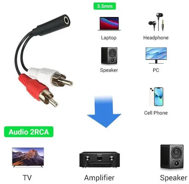 Alt view image 5 of 5 - 6 Inch 3.5mm Female to 2 RCA Male Stereo Audio Y Cable, Nickel Plated Adapter Compatible for TV,Smartphones, MP3, Tablets, Speakers,Home Theater, (10 Pack)