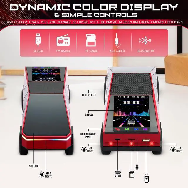 Alt view image 3 of 7 - Unique CYBERTRUCK ShapeFuturistic Pickup Truck Outlook, Glossy red Finish as Decor & Speaker. Bluetooth 5.0 Stereo SoundStable Pairing, Rich bass Stereo Audio for Daily Music