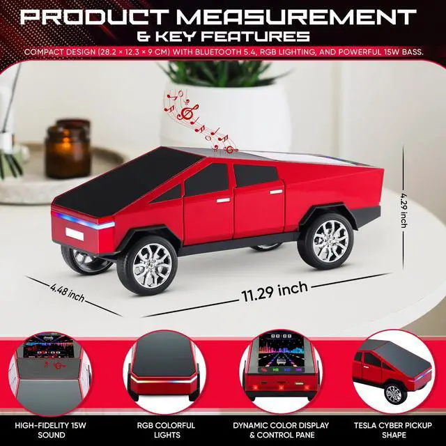 Alt view image 4 of 7 - Unique CYBERTRUCK ShapeFuturistic Pickup Truck Outlook, Glossy red Finish as Decor & Speaker. Bluetooth 5.0 Stereo SoundStable Pairing, Rich bass Stereo Audio for Daily Music
