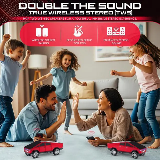 Alt view image 7 of 7 - Unique CYBERTRUCK ShapeFuturistic Pickup Truck Outlook, Glossy red Finish as Decor & Speaker. Bluetooth 5.0 Stereo SoundStable Pairing, Rich bass Stereo Audio for Daily Music