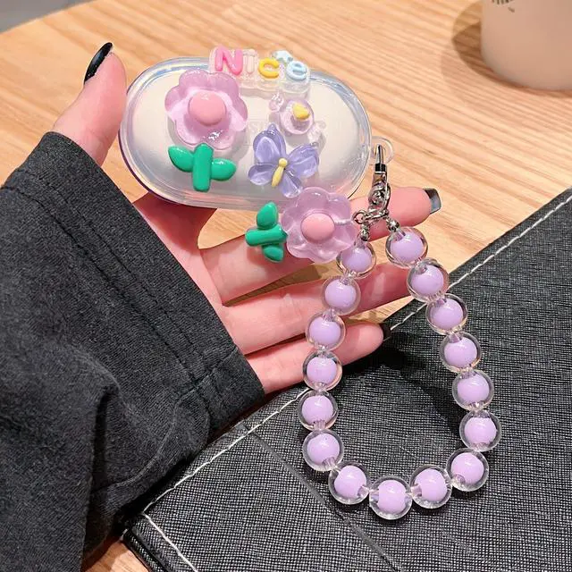 Alt view image 3 of 4 - Case for Samsung Galaxy Buds+ Plus, Lovely Clear Nice Light Purple Flower Pattern Case with Pendant Accessories Case for Samsung Galaxy Buds+ Plus