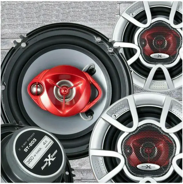 Main image of 4X Soundxtreme ST-603 6-Inch 3-Way 350 Watts Maximum Power Coaxial Car Audio Speakers with PEI Dome Tweeter 4 Ohms Impedance, 89 dB Sensitivity, Frequency 65 Hz - 20kHz