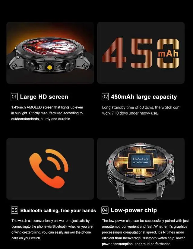 Alt view image 3 of 7 - Smart Watch for Google Pixel 8 Pro - with LED Flashlight, 1.43" AMOLED Display, Outdoor Smartwatch with Compass/Altitude/Air Pressure, Waterproof Fitness Tracker Watch