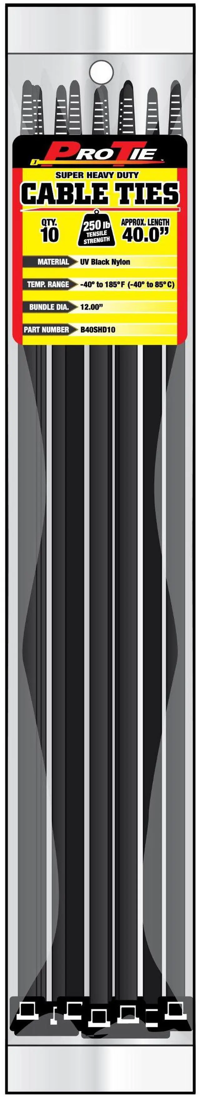 Main image of Pro Tie Super Heavy Duty Cable Ties, Self-Locking Nylon Cable Wire Ties for Indoor and Outdoor Use | 40-Inch, 250 lbs. Tensile Strength, UV Black Nylon, 10-Pack (PN: B40SHD10)