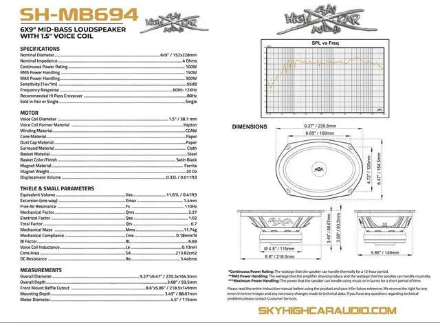 Alt view image 5 of 6 - SHCA Pro Audio MB694 6x9 Mid-Bass Loudspeaker with 1.5" Voice Coil (Single)