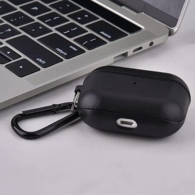 Alt view image 3 of 6 - Case Compatible with Apple AirPods Pro Case Genuine Leather & PC Cover Full Protective Pro Charging Case Skin Cover with Keychain, Black