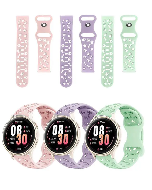 Main image of 3 Packs Bands Compatible with BlazeChip DR09 Smart Watch,Sport Quick-Release Cute Dog Paws Silicone Band,Adjustable Wristband, Ventilated Comfort & Soft Lightweight Replacement Strap,Pink+Purple+Green