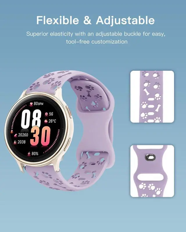 Alt view image 4 of 7 - 3 Packs Bands Compatible with BlazeChip DR09 Smart Watch,Sport Quick-Release Cute Dog Paws Silicone Band,Adjustable Wristband, Ventilated Comfort & Soft Lightweight Replacement Strap,Pink+Purple+Green