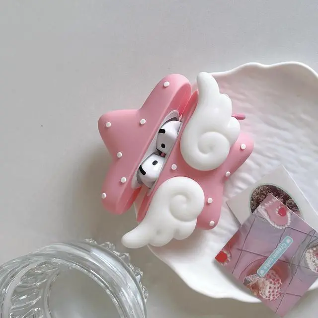 Alt view image 4 of 6 - Cover with Angel Wings Design for AirPods Case, Protective Shockproof Slim Fit, Cute Accessory with Fluffy Cloud and Polka Dot Patterns (Pink, for AirPods Pro3)