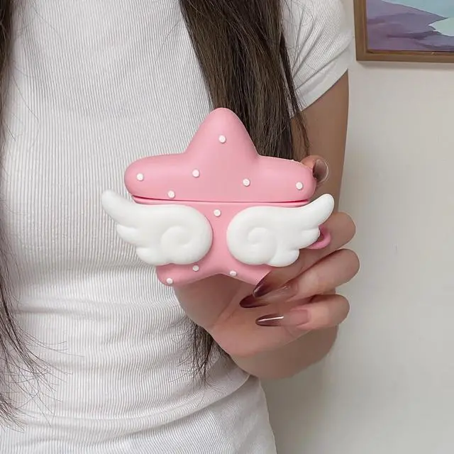 Alt view image 6 of 6 - Cover with Angel Wings Design for AirPods Case, Protective Shockproof Slim Fit, Cute Accessory with Fluffy Cloud and Polka Dot Patterns (Pink, for AirPods Pro3)