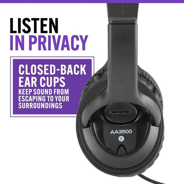 Alt view image 5 of 7 - On-Stage AA3500 Wired Headphones (Closed-Back Padded Ear Cups, Adjustable Headband, Built-In 6' Cable with 1/8 jack and 1/4Adapter, 40 mm, 32 Ohm Drivers, 20 Hz20 kHz Frequency Response, Black)