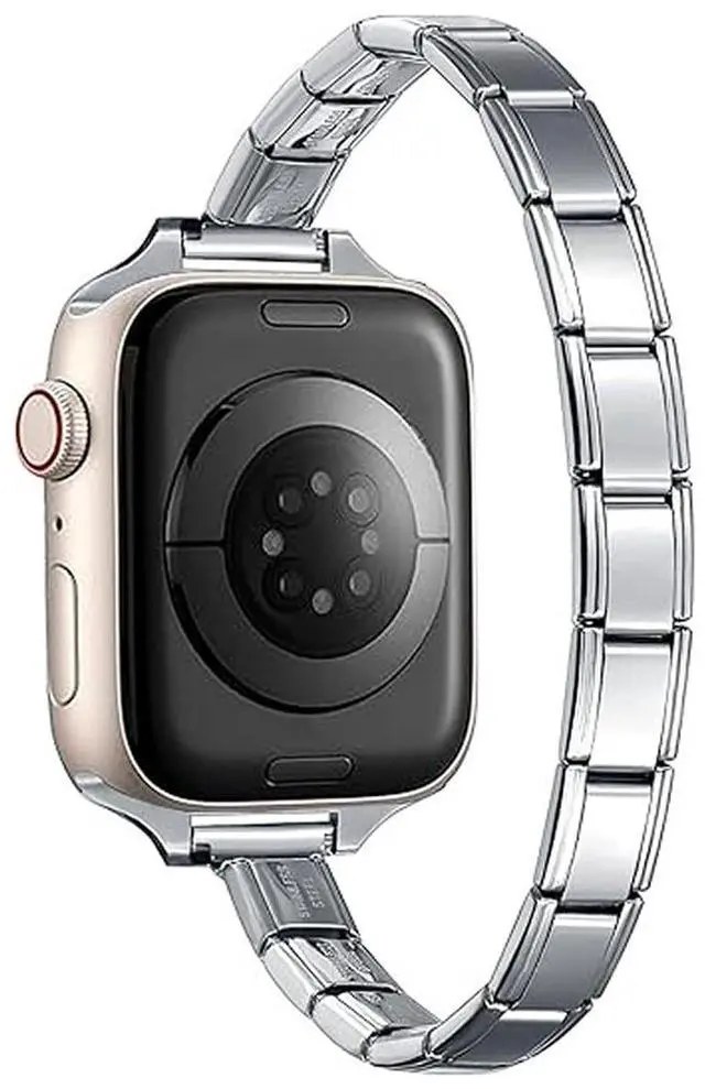 Main image of 9mm Silvertone Stainless Steel Italian Charm Bracelet Single Band Compatible with Apple Watch Sizes 42mm 44mm 45mm Modular Link Replacement Strap for iWatch Series 9 8 7 6 5 4 3 2 1 SE Ultra