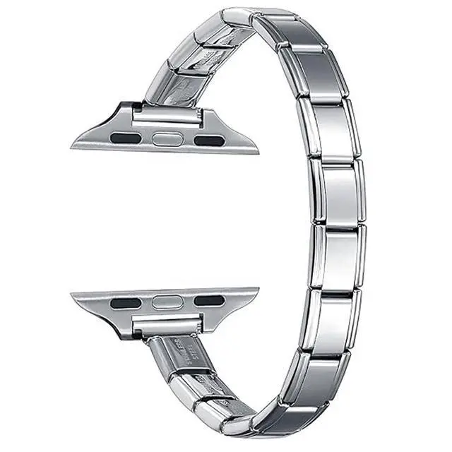 Alt view image 2 of 6 - 9mm Silvertone Stainless Steel Italian Charm Bracelet Single Band Compatible with Apple Watch Sizes 42mm 44mm 45mm Modular Link Replacement Strap for iWatch Series 9 8 7 6 5 4 3 2 1 SE Ultra
