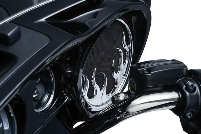 Alt view image 2 of 4 - 7374 Chrome Front Fairing Speaker Grills for 2014-19 Harley-Davidson Motorcycles: Flame, Pack of 2