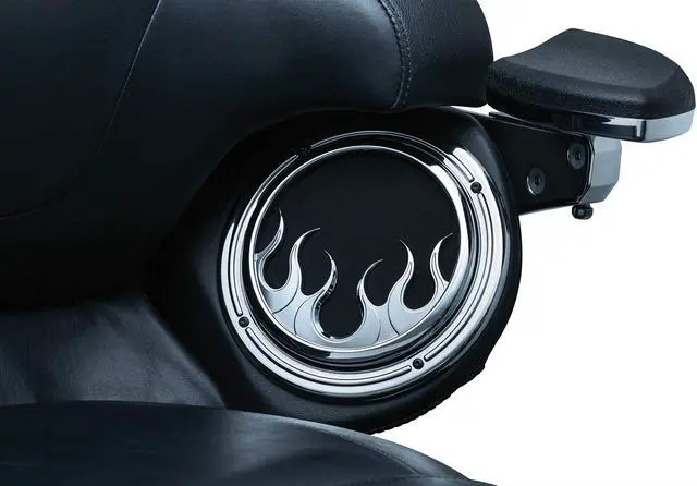 Alt view image 3 of 4 - 7374 Chrome Front Fairing Speaker Grills for 2014-19 Harley-Davidson Motorcycles: Flame, Pack of 2