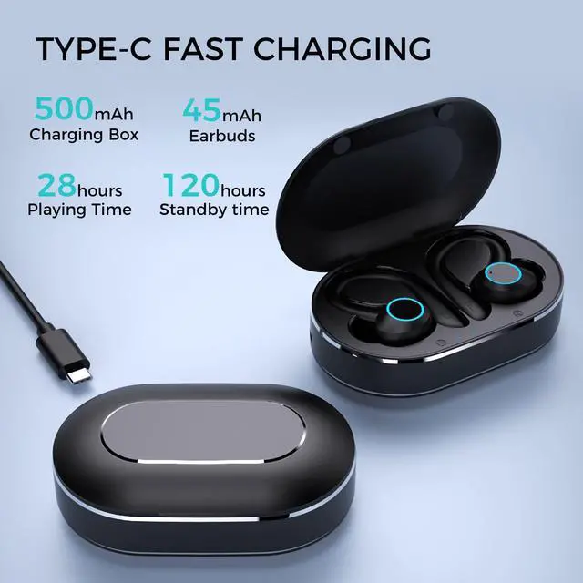 Alt view image 3 of 6 - Ear hook Wireless Workout Earbuds, Bluetooth 5.1 Headphones, 28Hrs Playtime, HiFi Stereo, Sweatproof, Noise Cancelling, Lightweight, 500mAh battery, Ideal for Cycling, Sport, Running, Driving.,Black
