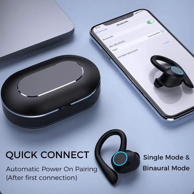 Alt view image 4 of 6 - Ear hook Wireless Workout Earbuds, Bluetooth 5.1 Headphones, 28Hrs Playtime, HiFi Stereo, Sweatproof, Noise Cancelling, Lightweight, 500mAh battery, Ideal for Cycling, Sport, Running, Driving.,Black