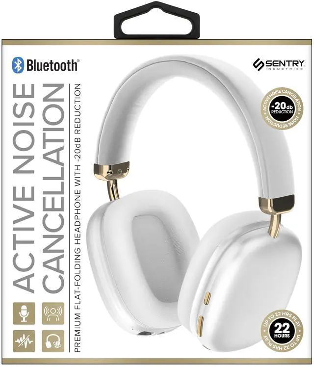 Alt view image 3 of 3 - White Over Ear Bluetooth Headphones, Active Noise Cancellation, 20dB Noise Reduction, Flat Folding Design, 22 Hour Battery, Built in Microphone, USB-C Charging, Optional Wired Audio