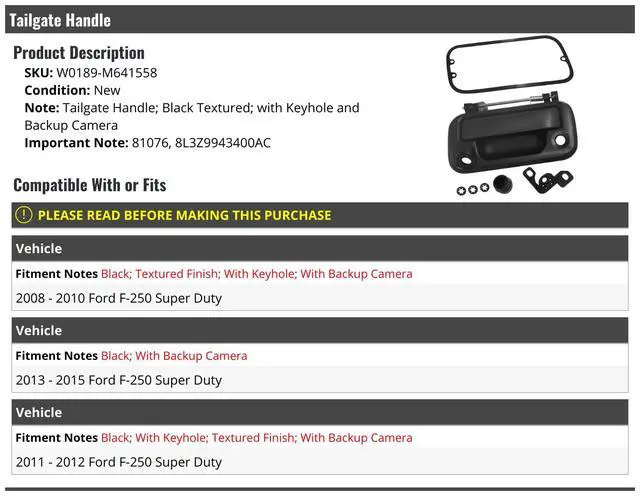 Alt view image 2 of 2 - Tailgate Handle - Black Textured - with Keyhole and Backup Camera - Compatible with 2008-2015 Ford F-250 Super Duty