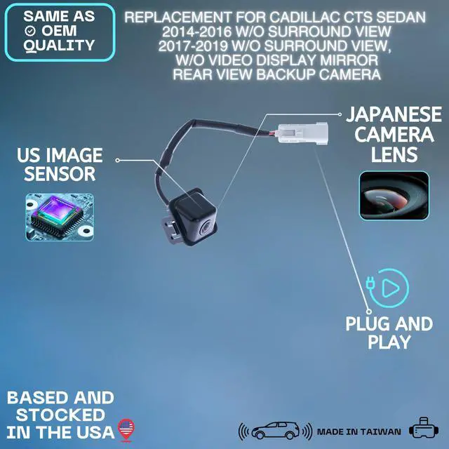 Alt view image 2 of 5 - Backup Camera Replaces for Cadillac CTS Sedan 2014-2016 w/o Surround View | 2017-2019 w/o Surround View, w/o Video Display Mirror OE Part # 84122569, 22881099, 23387830