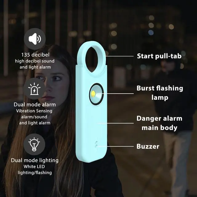 Alt view image 6 of 6 - Personal Safety Alarm for Women Safety Keychain Self Defense Keychain for Women Rechargeable Protection Devices Emergency 135db Strobe Light Upgraded Vibration Sensing Mode (Lake Blue)