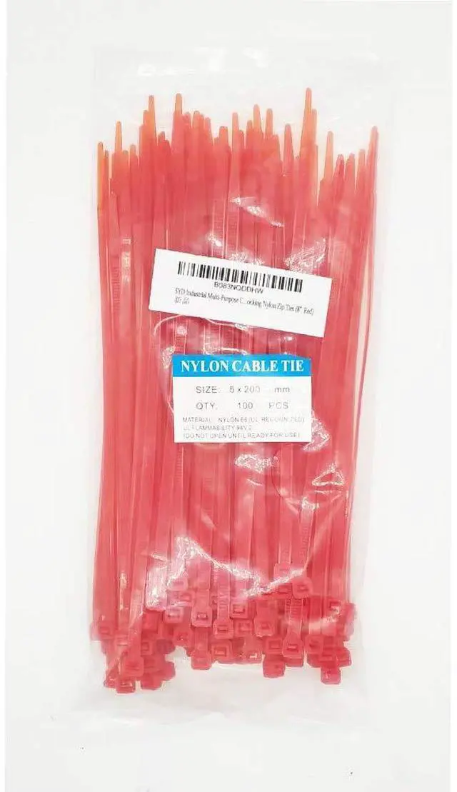 Main image of 8 Inch length, 50lb Medium Size Self Locking Red Nylon Cable Zip Ties -100 Piece