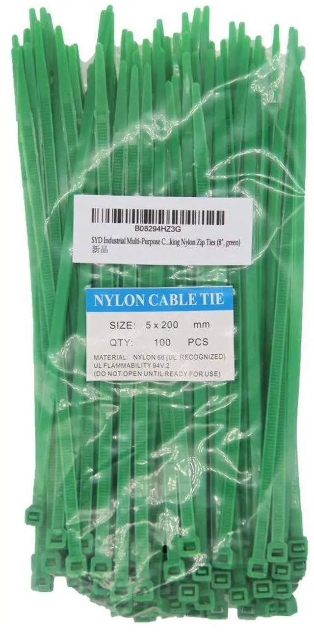 Main image of 8 Inch length, 50lb Medium Size Self Locking Green Nylon Cable Zip Ties -100 Piece