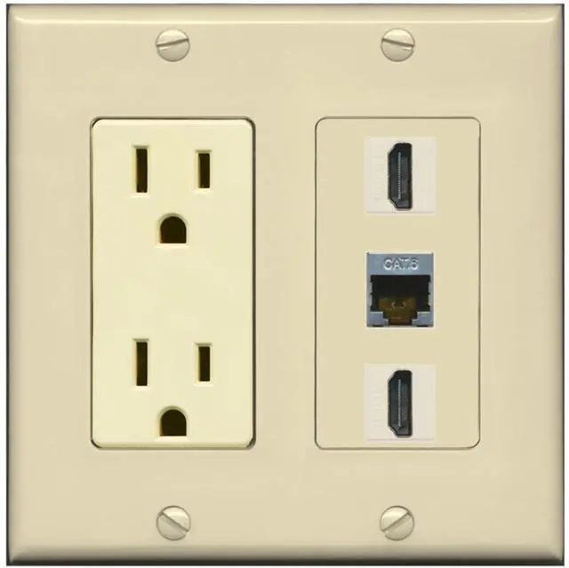 Main image of 15 Amp Power Outlet 2 Port HDMI 1 Port Shielded Cat6 Decorative Wall Plate - Ivory