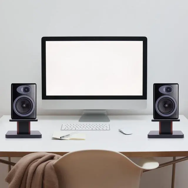 Alt view image 3 of 7 - Universal Floor Speaker Stands 28'' Bookshelf Speaker Stands Pair Heavy Duty Surround Sound Speaker with Sand Filling Tuning Function Studio Monitor Stands for Home Theater (Yellow Sandalwood, 6'')
