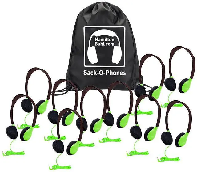 Main image of Sack-O-Phones, 10 Personal Headphones in a Carry Bag, Green, 10PK