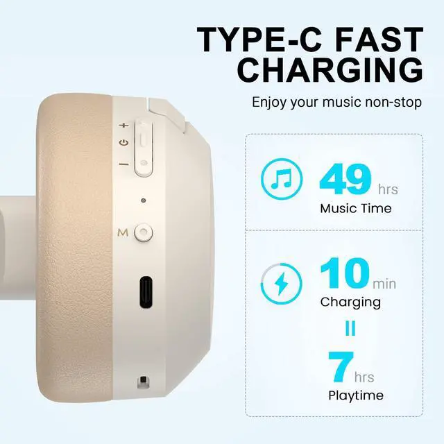 Alt view image 6 of 7 - W820NB Plus Active Noise Cancelling Headphones, Wireless Over Ear Headphones with Hi-Res Sound, 49H Playtime, Bluetooth Headphones with Comfortable Fit, Custom EQ via App, Ivory