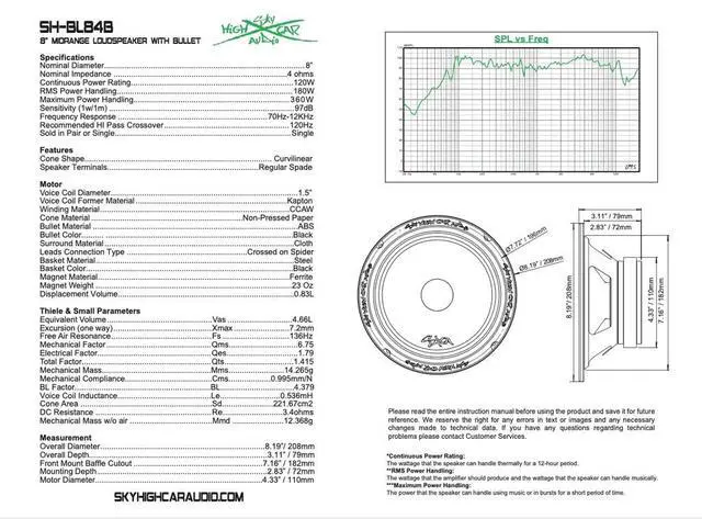 Alt view image 6 of 7 - SH-BL84B 8" 4 ohm Bullet Midrange Loudspeaker (Single Speaker)
